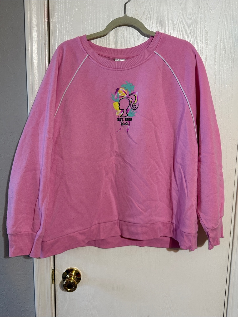 Barbie Pink Crewneck Sweatshirt with Tropical Silhouette Graphic